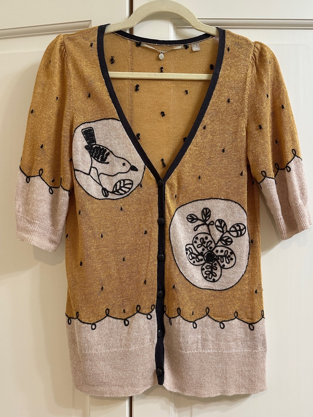 Anthropologie Knitted & Knotted short sleeved bird cardigan